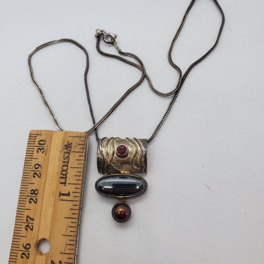 Sterling Silver, Garnet, Hematite, and Pearl Vintage Necklace and Pendant 18"